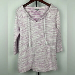 T by‎ Talbots Purple White Textured Cotton Pullover 3/4 Sleeve Summer Sweater